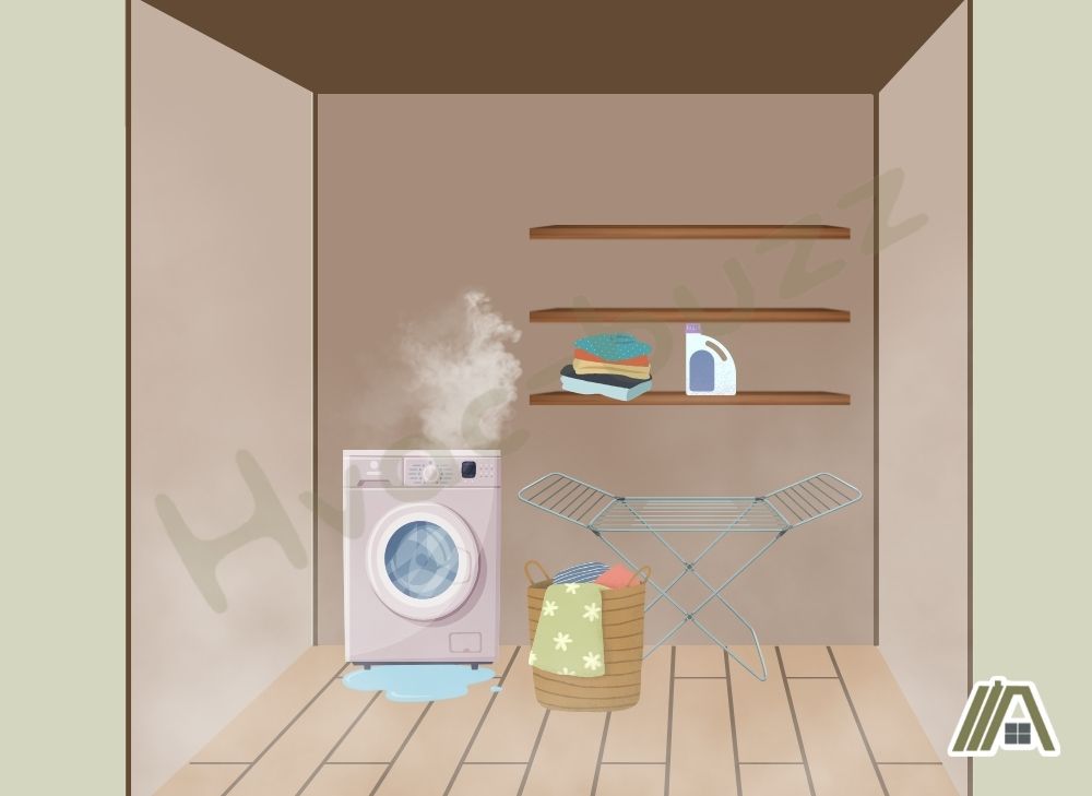 Illustration of a dryer pooling water and overheating in a small room