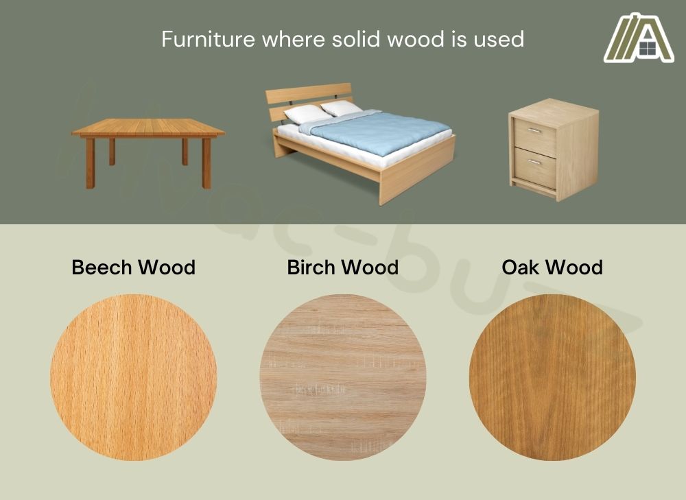 Furniture where solid wood is used, table, bed frame and nightstand. Sample of beech wood, birch wood and oak wood