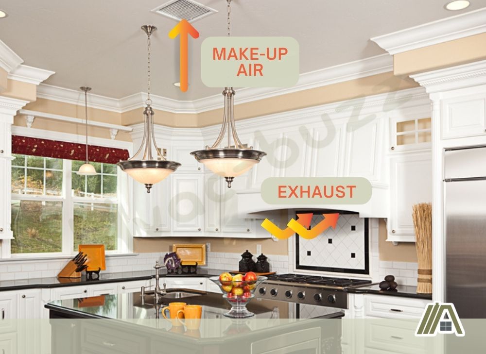 Kitchen with make-up air vent and an exhaust from the range hood
