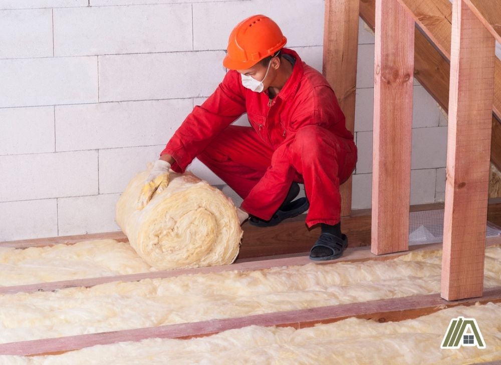 Man in PPE installing mineral wool insulation on the floor at the attic
