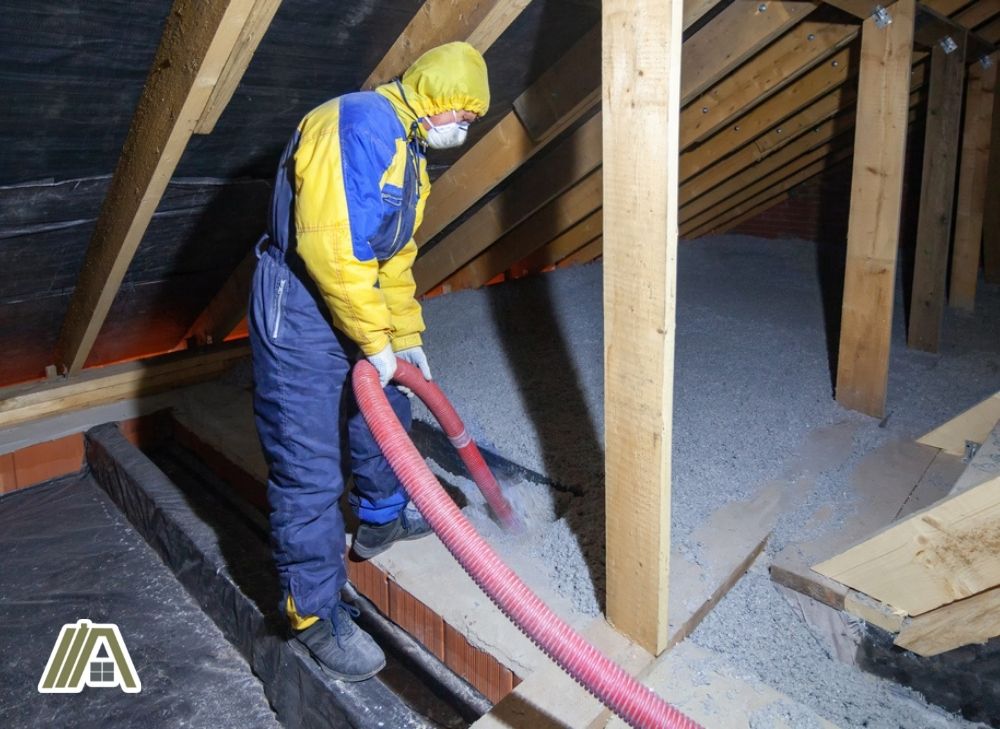 Man wearing full PPE while filling up the attic with cellulose insulation