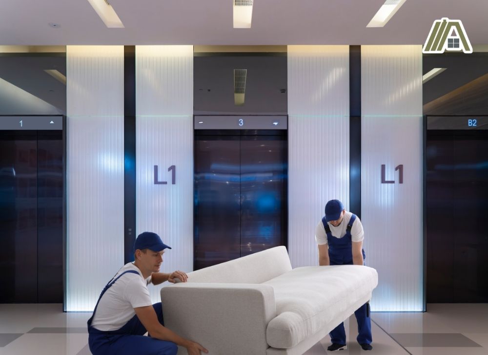 Men carrying a white sofa in front of the modern design elevator