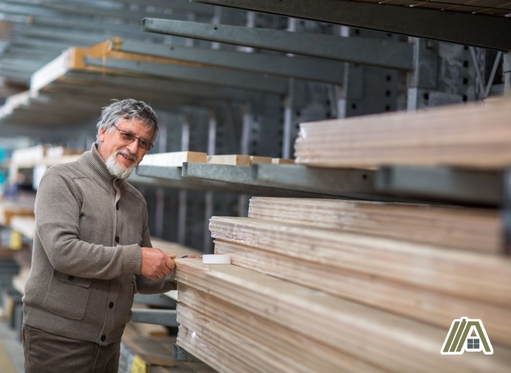 Old man choosing and buying construction materials such as wood