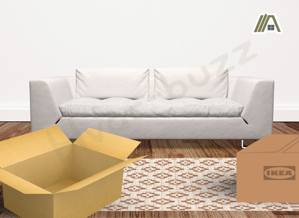 White love seat sofa, one open package and one close package from IKEA