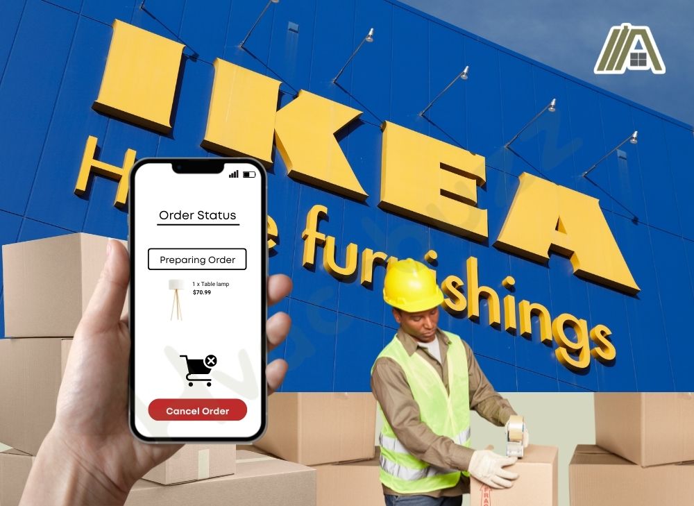 Cancel order on IKEA using app on mobile phone, man in PPE packing boxes using a tape