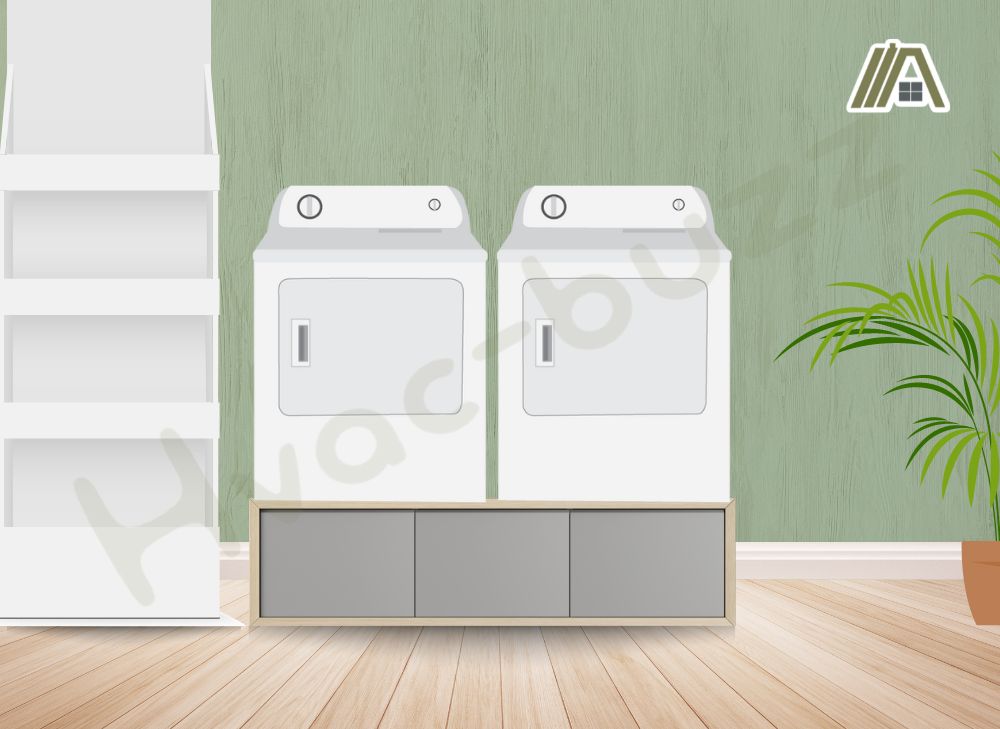 Illustration of two white dryers placed on a cabinet with a rack on the side