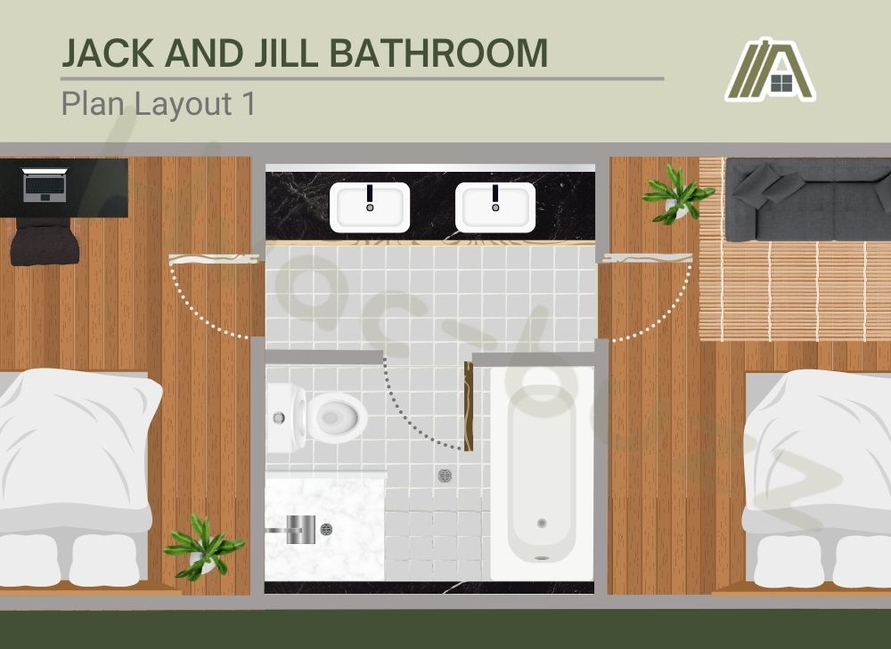 Jack and jill bathroom layout with two basins separated from the room with bathtub, shower and toilet
