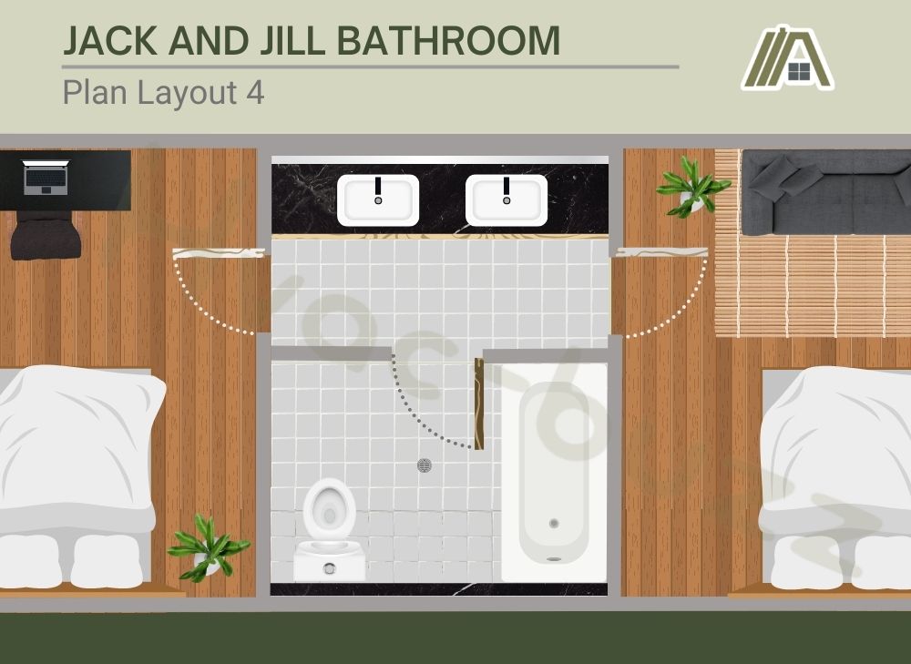Jack and jill bathroom with separated two basins and a room with toilet and bathtub