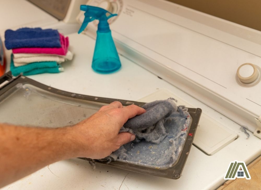 Man cleaning the lint in the lint filter from the gas dryer