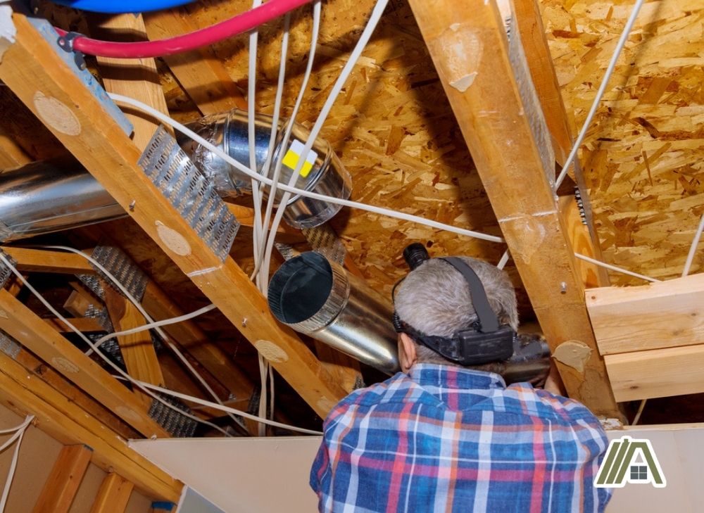 Man placing a duct on the ceiling, ventilation system
