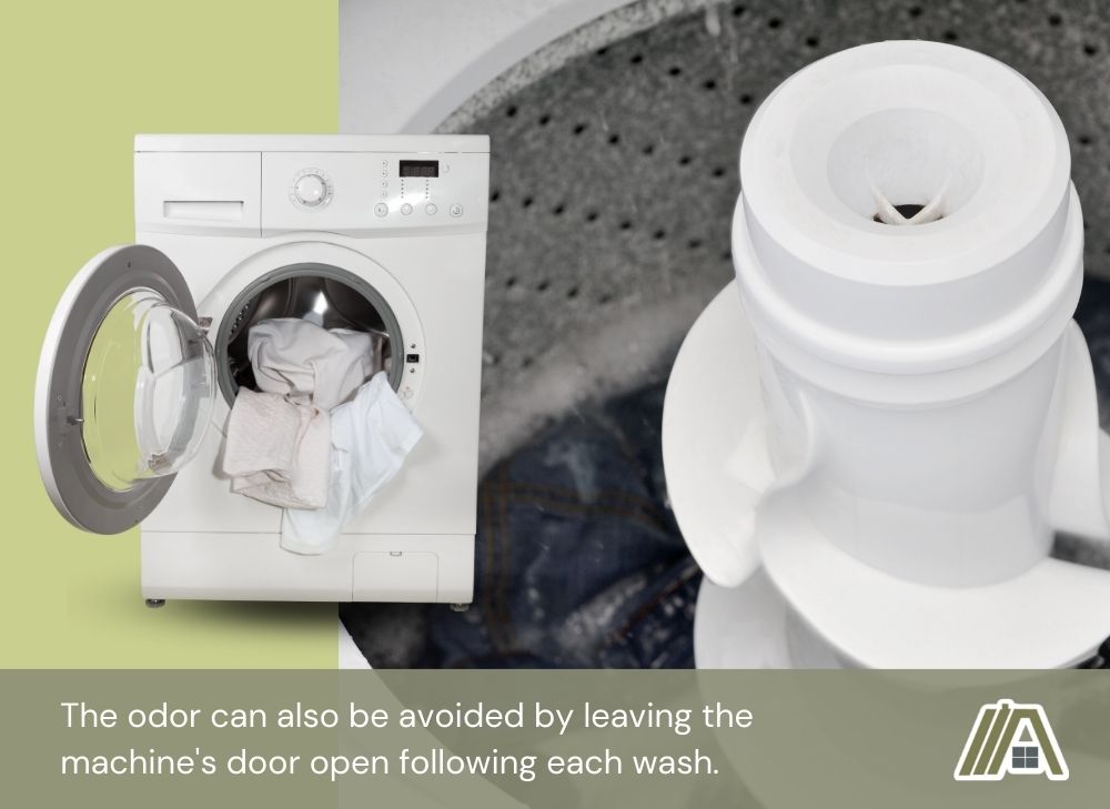 Open white washing machine with white clothes inside, odor can be avoided by leaving the machine's door open