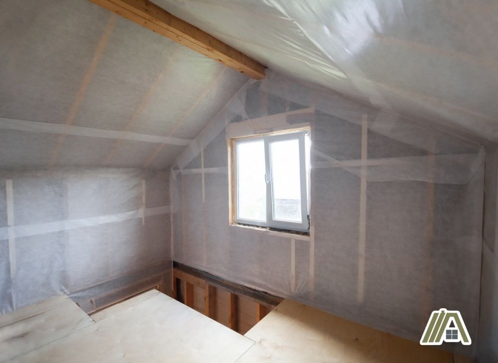 Vapor barrier installed in the wood framing of the upper room of the house