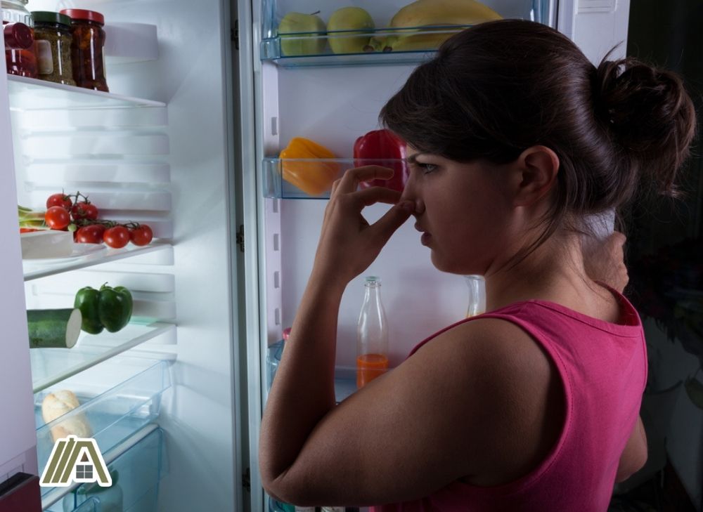Woman covering her nose due to foul smell inside the refrigerator