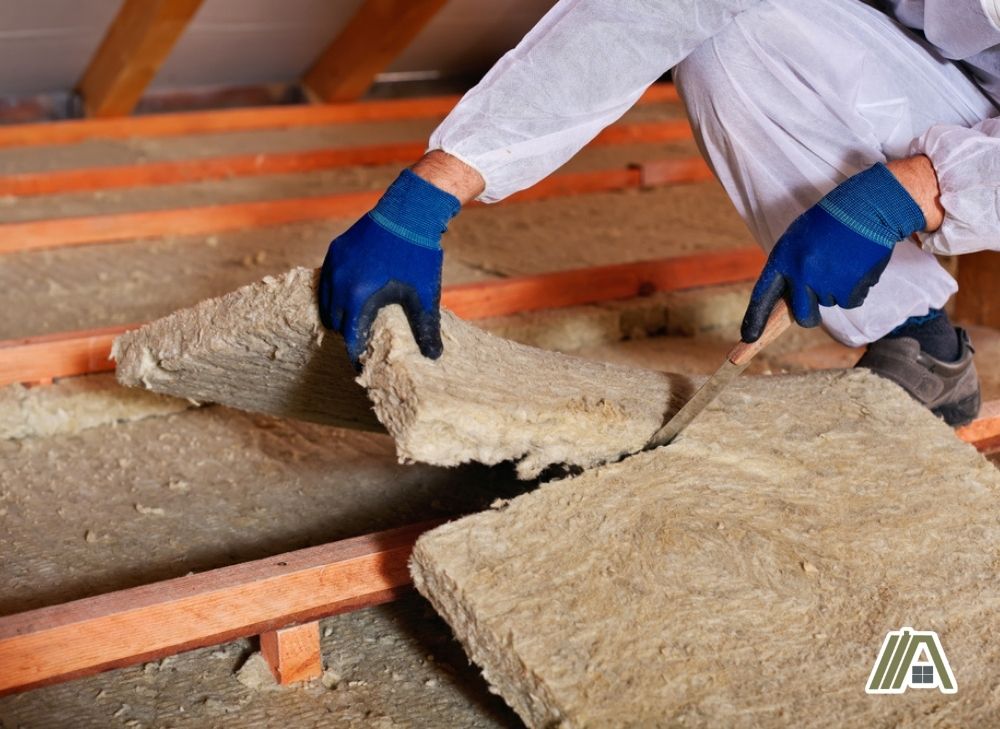 Man cutting and installing mineral wool insulation in the attic